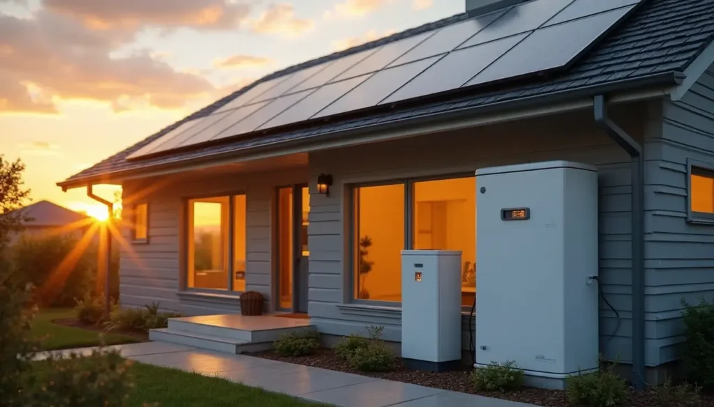 Modern house with solar panels on the roof and battery storage units outside at sunset, illustrating solar energy storage options.